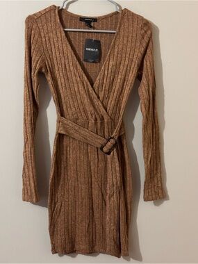 Forever 21 Ribbed Wrap Belted Long Sleeve Dress in Camel Brown
